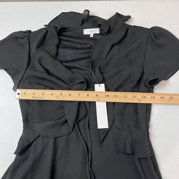NSR Cheri Dress Size Small Black Short Sleeve Ruffle Trim Chiffon V Neck USA NWT - Picture 10 of 12